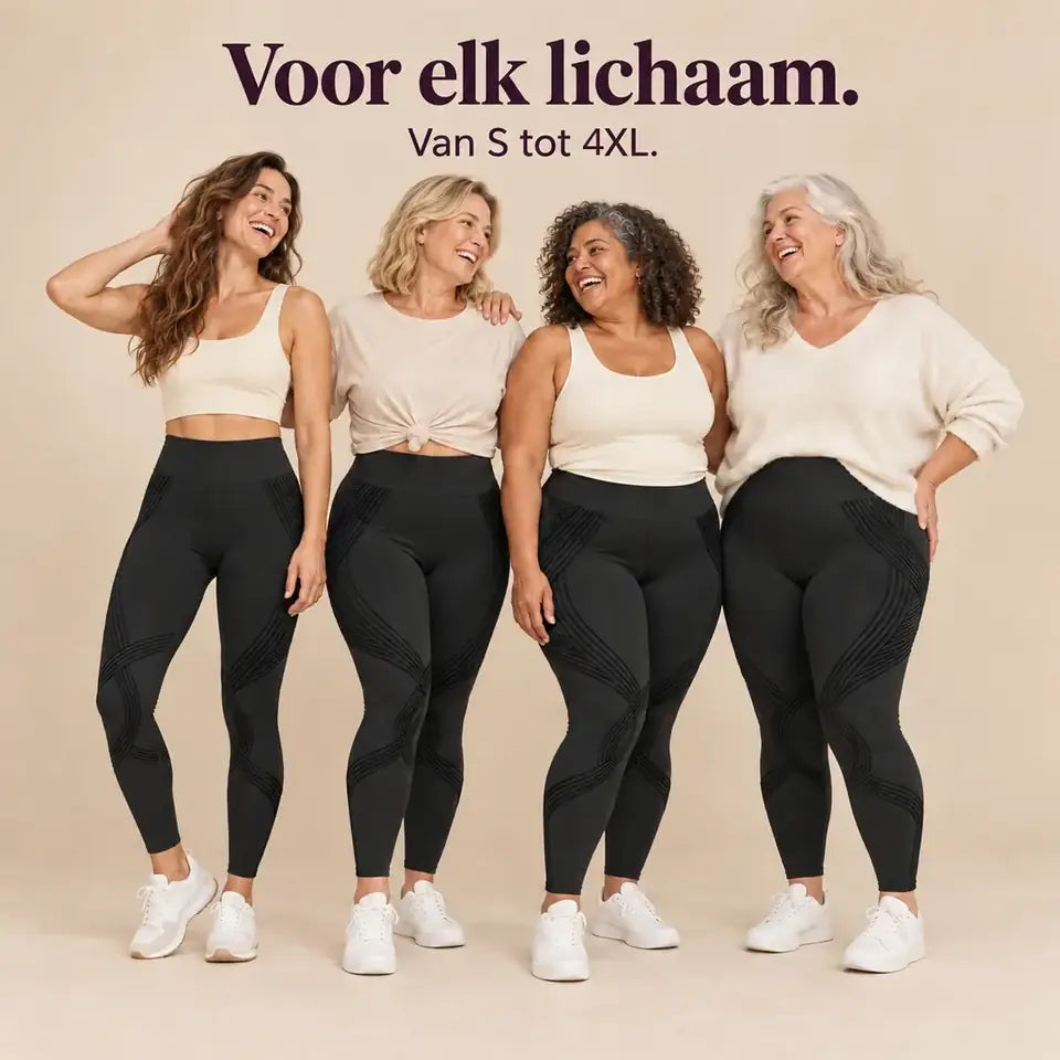 Vier vrouwen in verschillende maten dragen de CelluLift 3D Legging: voor elk lichaam, van S tot 4XL